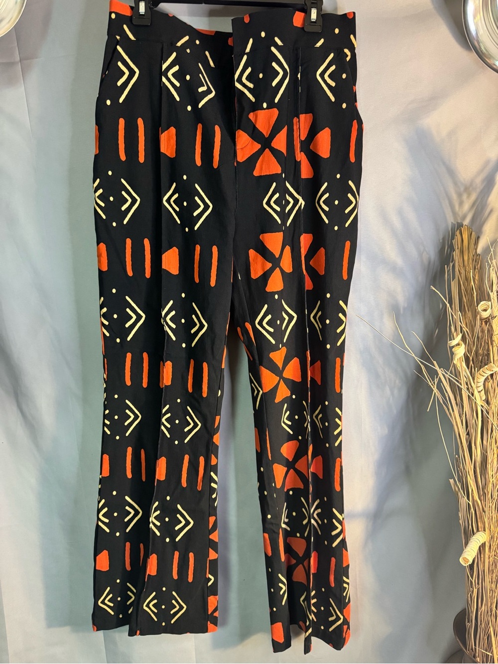 Straight Leg Black Pants with Orange and Cream Geo Print